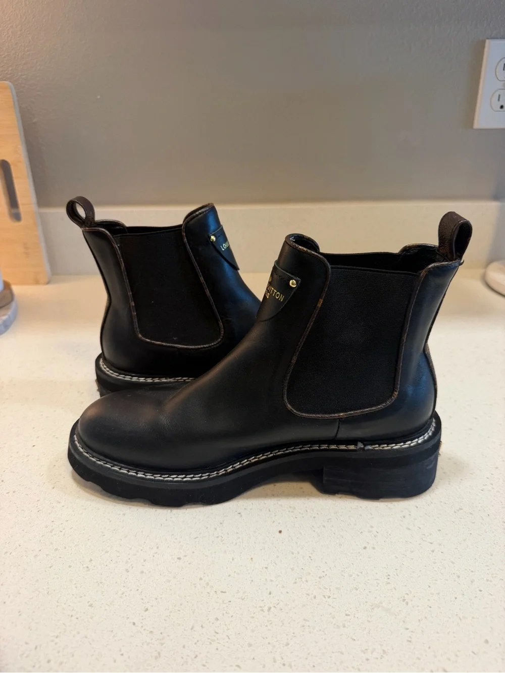 Louis Vuitton Black Leather Chelsea Boots with Gold Logo Placket